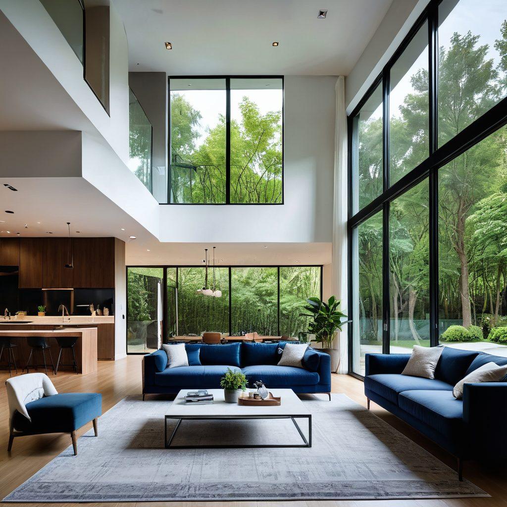 Create a visually striking interior scene showcasing a modern living space featuring innovative home designs. Incorporate architectural blueprints neatly displayed on a sleek coffee table amidst stylish furniture. Utilize natural light pouring through large windows that reveal a beautiful outdoor view, enhancing the cozy atmosphere. Add green plants for a touch of nature to the interior. super-realistic. vibrant colors.