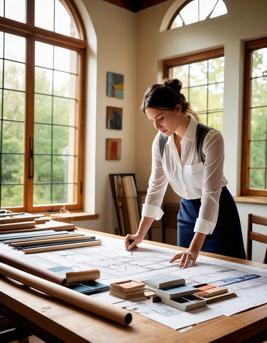 A skilled architect analyzing intricate blueprints on a large drafting table, surrounded by materials like wood and fabric samples. In the background, a partially constructed home showcases beautiful residential design elements. The scene captures creativity and professionalism with natural light streaming through large windows. Artistic sketches and design tools are scattered artistically around. vibrant colors. super-realistic.