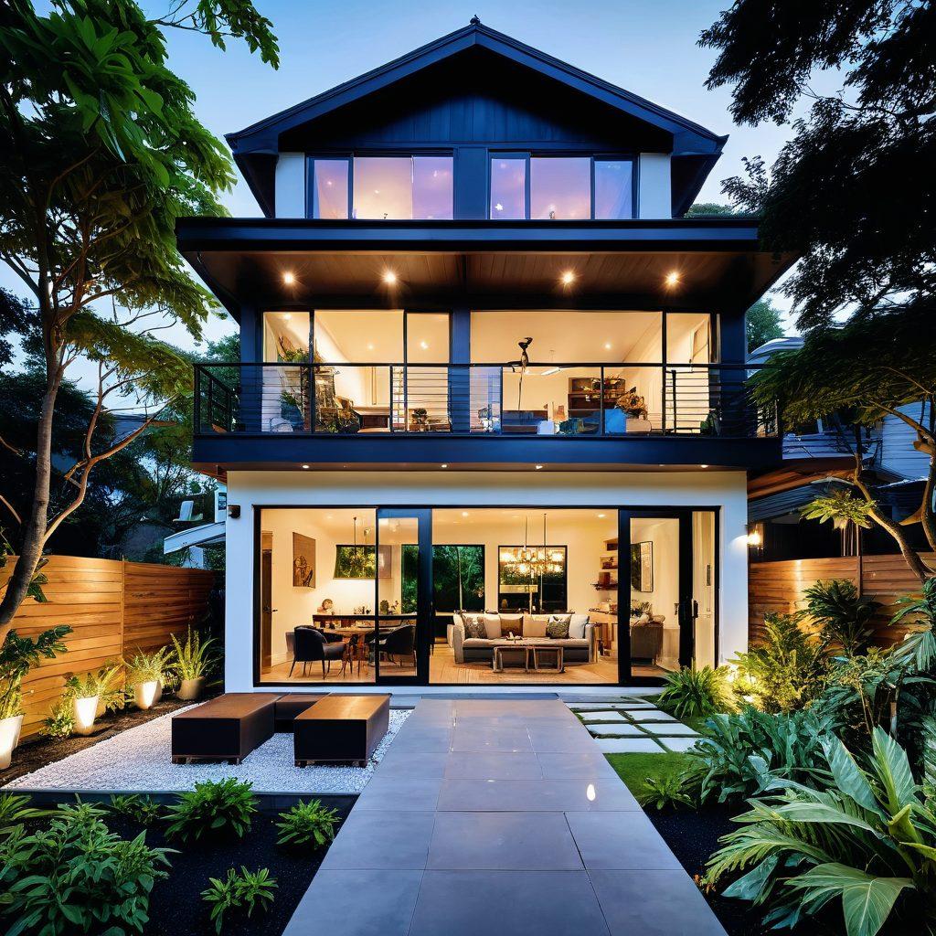 A beautifully designed dream home showcasing a perfect blend of modern interior and charming exterior architecture. The image should include lush greenery in the garden, large windows allowing natural light, and stylish furniture that reflects comfort and elegance. The scene captures both indoor spaces like a cozy living room and outdoor areas like a welcoming porch. Vibrant colors. super-realistic. picturesque lighting.